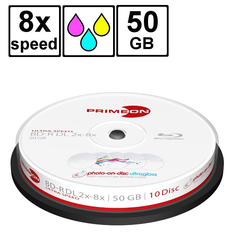 R 50gb Primeon Blu Ray Recordable Dl Glossy Waterproof Printable 8x Speed Cakebox 10 Pieces