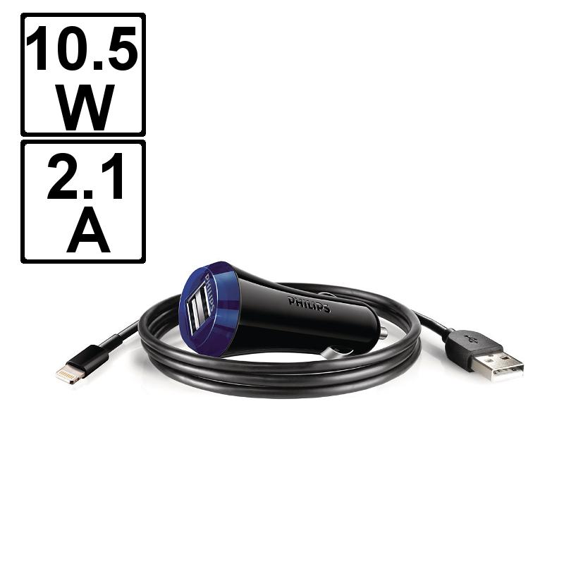 PHILIPS oplader (12V) met 2 USB-poorten voor Apple iPhone 5, iPad mini (Lightning-kabel) - 10,5W / 2.1A