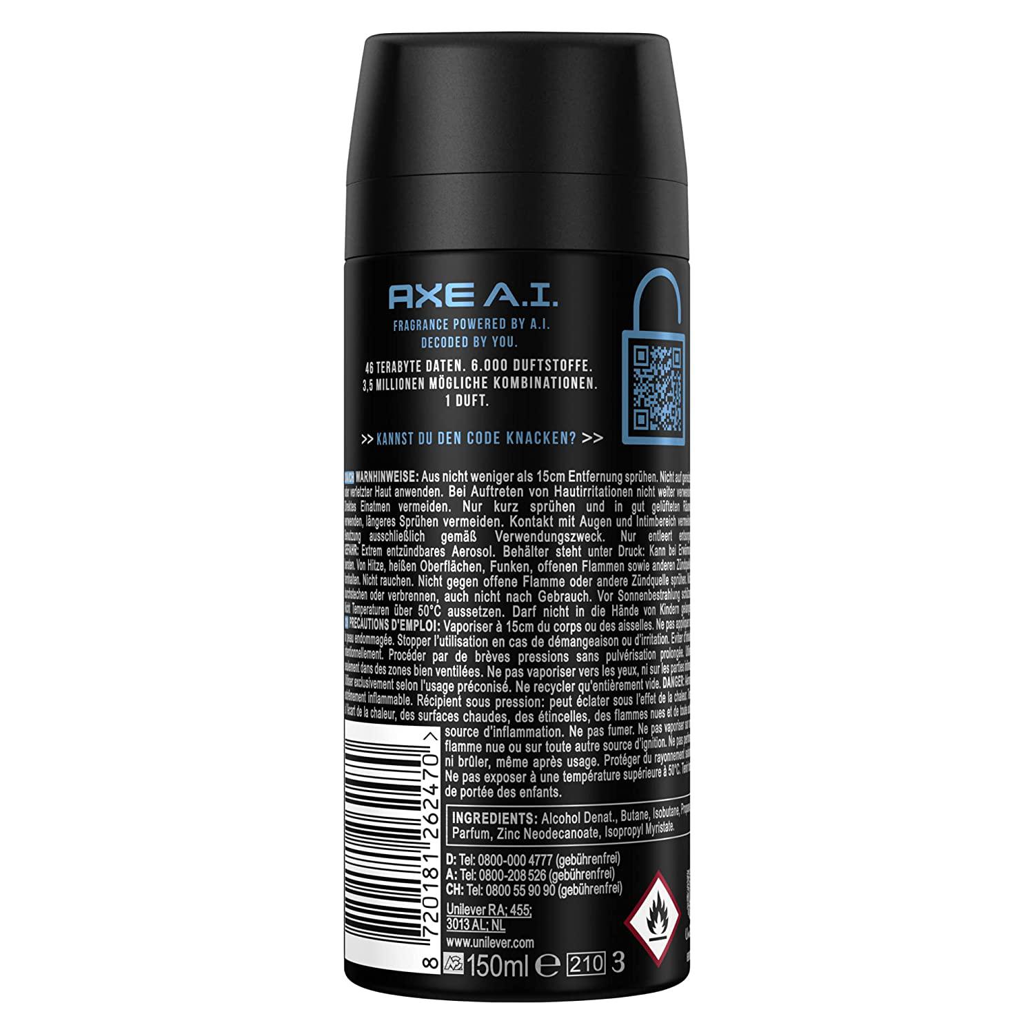 6x Axe Déodorant/Spray Corporel Édition Limitée - A.I. Frais - sans  aluminium - 150 ml