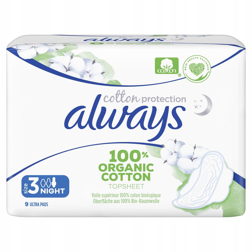 12x Always Cotton Protection Sanitary Pads - 100% Organic Cotton Topsheet -  Size 3 with Wings - 9 Pieces